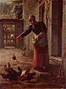 Femme donnant à manger aux poules